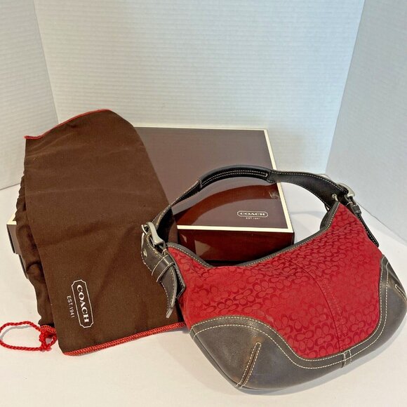 Coach Handbags - Coach Signature Mini Shoulder Bag Purse Red Brown Leather C32-6351 Bag Box RARE